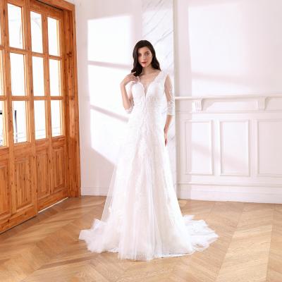 China LW4104 Breathable High Quality Elbow Length V Neckline Full Lace Wedding Dresses With Applique Zipper V-Back Wedding Gowns for sale