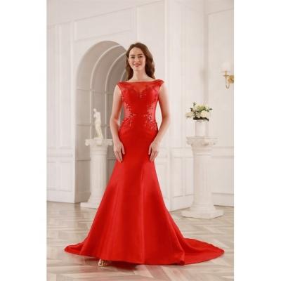 China WT4326 High Quality Breathable Mermaid O-Neck Illusion Wedding Dresses With Lace Applique Zipper Back Red Wedding Gowns for sale