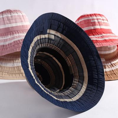 China Wholesale Spring Summer Autumn Fringed Brim Design Barred Sun Shade Women Men Foldable Bucket Hat for sale