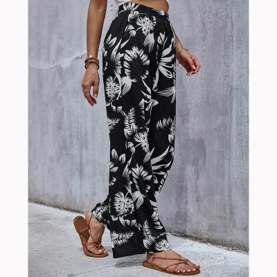 China Flower Decor Anti-static Printing Black Leg Casual Wide Leg Wide Leg Pants for sale