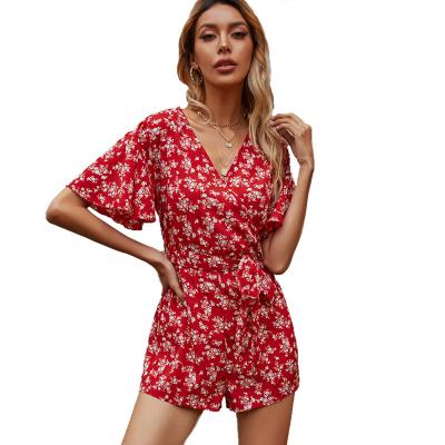 China QUICK DRY V Neck Printed Overalls For Ladies Short Sleeve Overalls For Ladies for sale