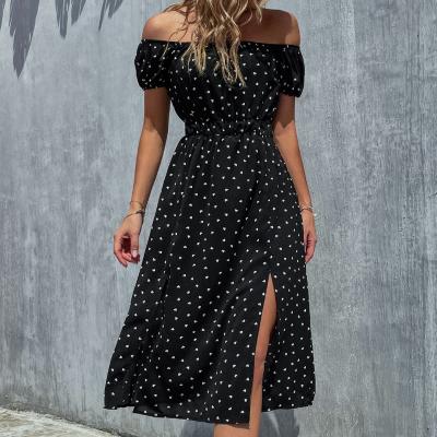 China Women Summer Ladies Boat Neck Polka Dot Anti-Static Front Puff Sleeve Midi Split Dresses Elegant Casual Dress for sale