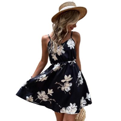 China 2022 summer anti-static women's fashion sexy V-neck halter belt sleeveless backless bandage printed swing dress for sale