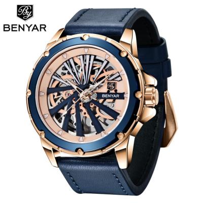 China Benyar new date simple design automatic mechanical men's casual watches 5173 2021 waterproof car wheel double-sided hollow watch for sale