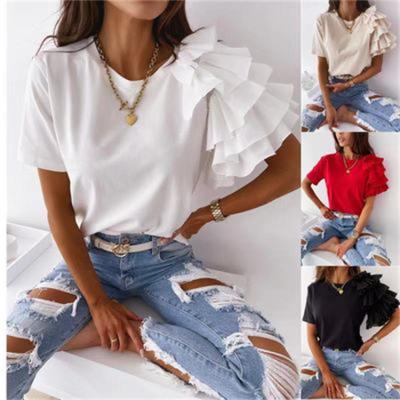 China Breathable O-Neck Women's T-Shirt Solid Color Short Sleeve Ruffle Shirt for sale