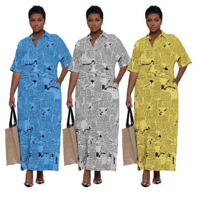 China Breathable Plus Size Dresses Women Women Shirt Dress Newspaper Print Dress for sale