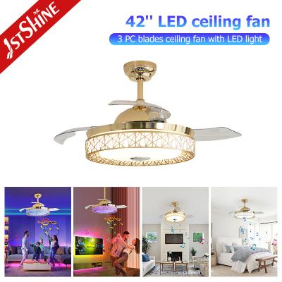 China Retractable Ceiling Fan With Rgb Light Music Player Dc Motor 6 Speed Remote Control for sale