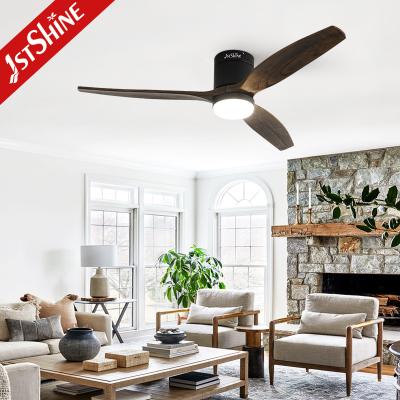 China Wooden Blades Flush Mount Smart APP Control Ceiling Fan With Light for sale