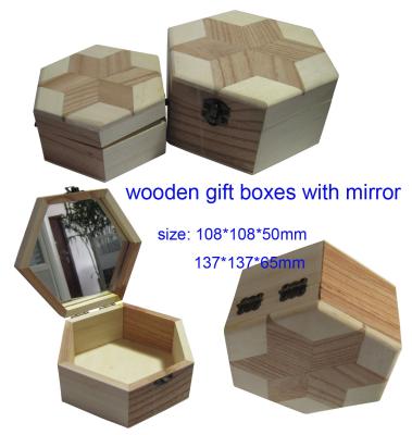 China Jewelry Packaging Wooden Gift Boxes Hexagonal Solid Mirror Inside for sale