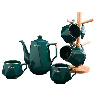 China New Arrival Viable Thermos Porcelain Ceramic Coffee Teapot With 6 Cups Set Wooden Frame Chinese Tea Cup for sale