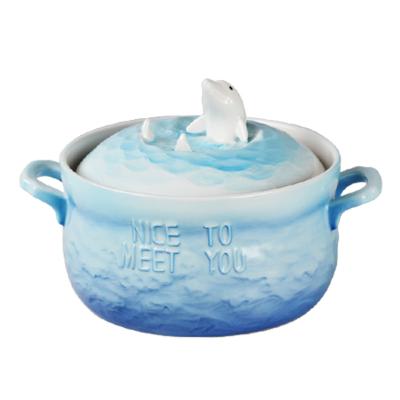 China 3D Cute 29oz Disposable Eco-friendly Cartoon Large Ceramic Bowl with Lid and Handle for Soup Salad Instant Noodle Vegetable Fruit for sale