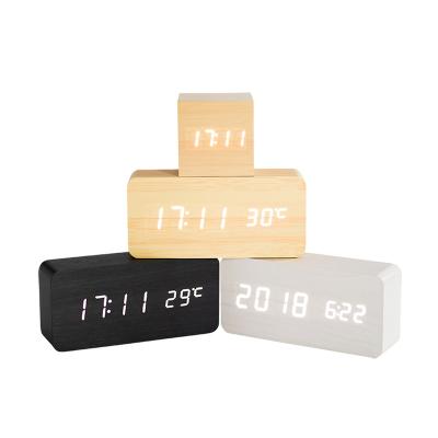 China Custom Calendars Logo Desktop Digital Alarm Wooden LED Display Desk Table Clocks Wood for sale