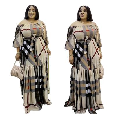 China Latest Design African Dresses Anti-Static For Women Clothing Plaid Printed Strap Off Shoulder Formal Dresses Women Maxi Dress for sale