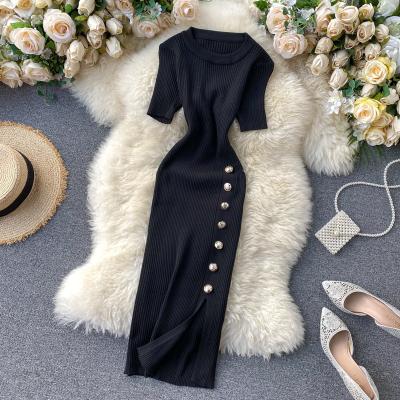 China Statistical Ins Style Comic Style Small Collar Breasted Slim Solid Color Long Sleeve Knitted Dress Sexy High Waist Pencil Skirt Slit Dress for sale