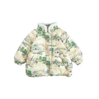 China Windproof OEM Children Fashion Chinese Landscape Painting Patterns Print Down Coat For Spring And Autumn Lovely Long Sleeve Jacket for sale