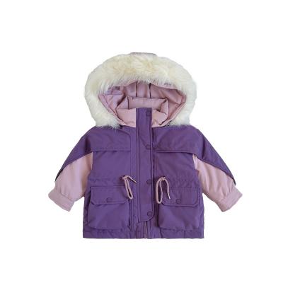 China Windproof OEM Children Fashion Purple Color Down Coat For Kids Winter Lovely Long Sleeve Jacket for sale