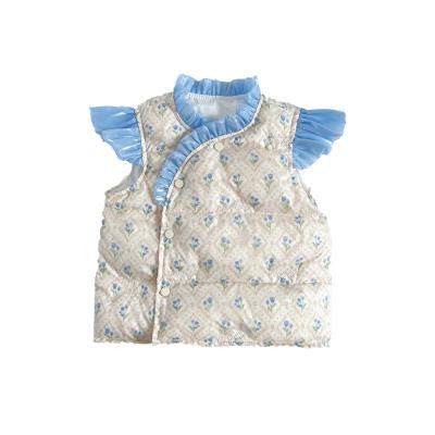 China Windproof OEM Children Fashion Beige+Blue Flower Patterns Print Down Coat For Winter Lovely Long Sleeve Jacket for sale