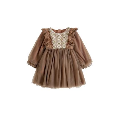 China Sustainable OEM Brown Color Toddler Girl Dress Princess Clothes Children Birthday Party Wedding Dress Kids Embroidered Boutique Dresses for sale