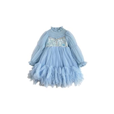 China Sustainable OEM Autumn Girls Fashion Blue Color Sweater Dress Children Party Princess Kids Dresses For Girls for sale