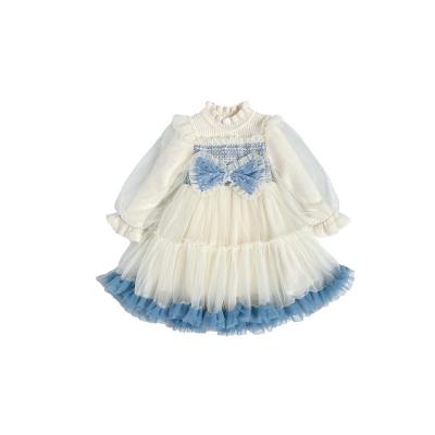 China Sustainable OEM Autumn Girls Fashion Blue Sweater+Yarn Dress Children Party Princess Dress For Kids for sale