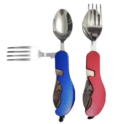 China Viable Outdoor Camping Survival Set Folding Four Unit Cutlery Knife Fork Multifunctional Portable Spoon Steel Tableware Tools for sale