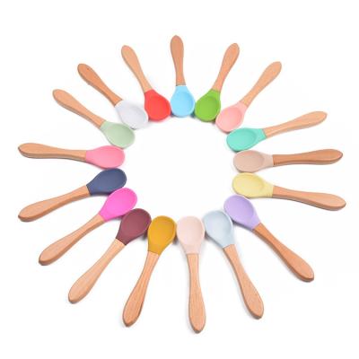 China Modern Wholesale Food Grade 100% Bpa Free Baby Wood Eating Silicone Training Feeding Children Wooden Handle Spoon Fork for sale