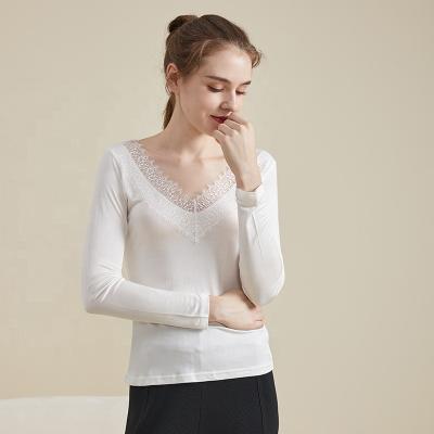 China Breathable Ladies Sexy Silk Shirts Bottoming Slim Stretch Shirts Women's Long Sleeve French Lace V-Neck Tight Crop Tops Bottoming Shirt for sale