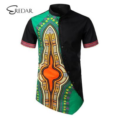 China Cotton 2020 Hot Sale Summer Men Stand Collar Button Edge African Camisa Masculina Dashiki Irregular Patchwork Shirt for sale