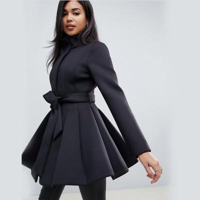 China Latest Style Fashion Funnel Neck Navy Blue Pleated Design Swing Coat for sale