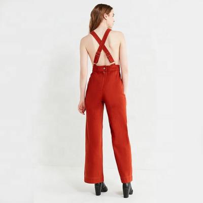 China 70s Style Washable High Quality Adjustable V-Neck Cross-Back Ties Flare-Leg Pant Ladies Denim Overalls for sale