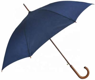 China Navy Bule Automatic Open Curved Wood Umbrella Hook Handle Stick Umbrella Stick Umbrellas With Classic J Arc 48