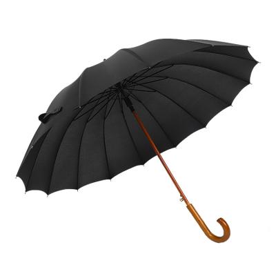 China Minimalist wooden handle shaft 16K strong ribs frame wooden umbrella stick and can OEM logo promotion umbrella for sale