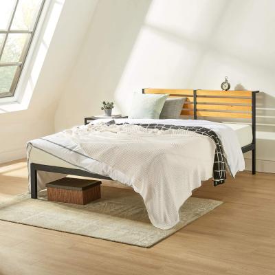 China Solid King Size Bed Metal Pine Wood Board Modern Headboard Shelf Platform Bed for sale