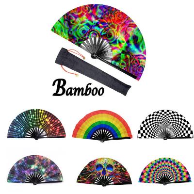 China Bamboo Fabric Printing Logo Customized Hand Fan Foldable Large Big Size 33cm for sale