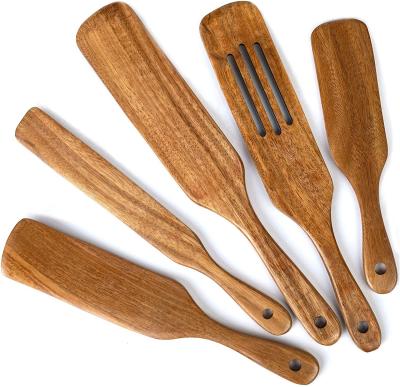 China Customized Kitchenaid Wooden Spatula Salad Mixing Long Handled Teak Wood Cutlery for sale