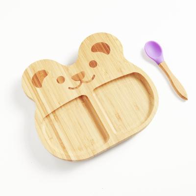 China Cute Cartoon Bamboo Childrens Plate Set Engravable LOGO With Silicone Sucker for sale