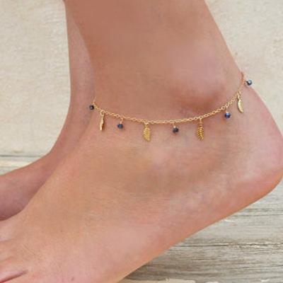 China Environment Friendly Bohemian Gold Plated Anklet Barefoot Chain Bead Body Jewelry With Leaf Shaped Pendants for sale