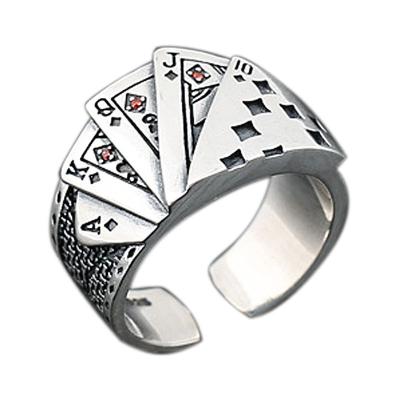 China Environmental friendly Vintage Silver rock punk flush Poker Open ring men's and women's black stamp red stone style ring for sale