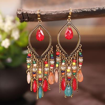 China Environmental Friendly Antique Gold Plated Retro Water Drop Bohemian Long Tassel Earrings Women Chain Earrings for sale