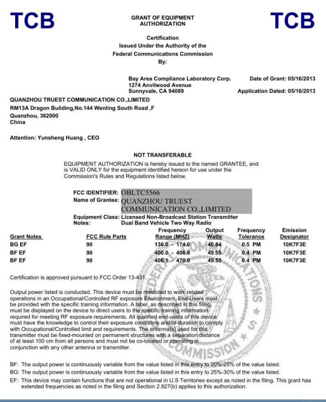 FCC - Quanzhou Truest Communication Co., Limited