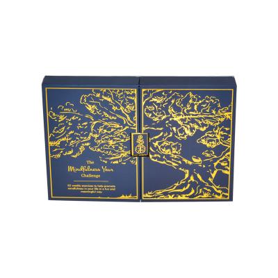 China Handmade Luxury Blue Magnetic Photo Frame Cardboard Design Double Door Gold Foil Color Paper Packaging Gift Box With Insert Paper Tray for sale