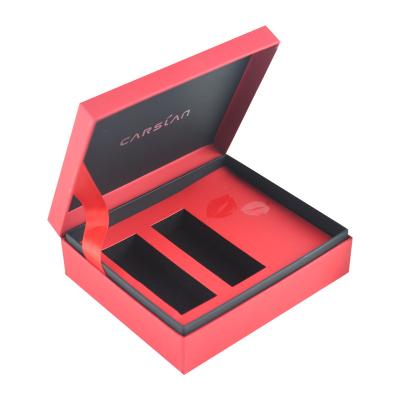 China Handmade Custom Logo Matt Red Paper Gift Box Packaging Magnets Closed Cardboard Lipstick Cosmetic Box With Velvet Flocking EVA Insert for sale