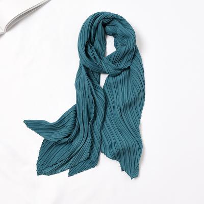 China Hot Sale Parasol Decoration Wholesale Custom Printing Hot Women Pleated Silk Scarves Fashion Solid Color Satin Pleat Long Silk Narrow Neck Scarf for sale