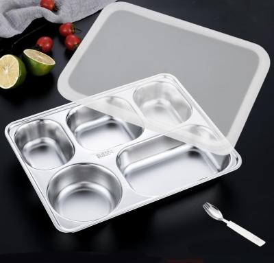 China Sustainable Hot Selling Serving Dinner Set Metal Stainless Steel Dishes 5 Compartment Food Tray With PP Lid for sale