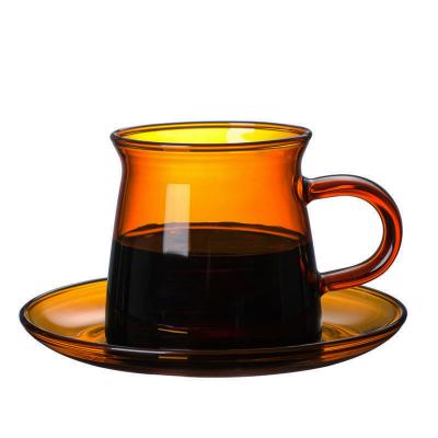 China Sustainable Borosilicate Glass Cup Drinking Glass Coffee Cup Tea Cup With Handle And Saucer for sale