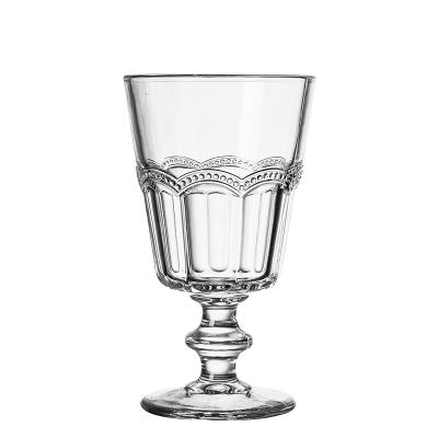 China Sustainable Lace Embossed Glass Cup Vintage Red Wine Glass Drinkware Goblet for sale