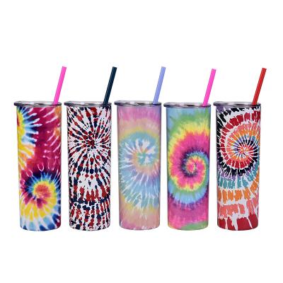 China Stainless Steel Viable Straight Colorful Tumbler Skinny Water Cup With Lid And Straw Double Layer Tie Dye Sublimation Thermos Mug for sale