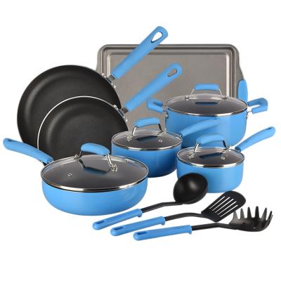 China Non Stick Set Marine China Blue Long-Lasting 14-Piece Durable Aluminum Pot Pressure Cooker Cookware Sets for sale