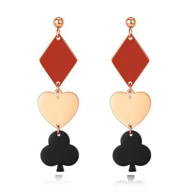 China Fashion Stainless Steel Poker Casual/Sporting Diamond Club Heart Fringe Drop Shovel Dangle Enamel Earrings for sale