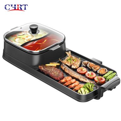 China CHRT Convenient Household 3 in 1 Multi Function Indoor Smokeless Vertical Electric Griddles Hot Pot BBQ Machine Grill BBQ for sale